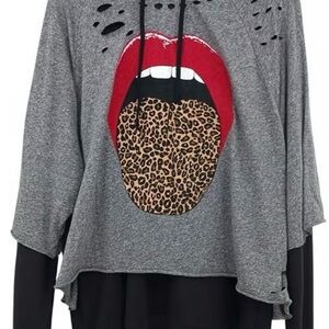 Lauren Moshi Distressed Gray Hoodie with Red and Leopard Print Design XS